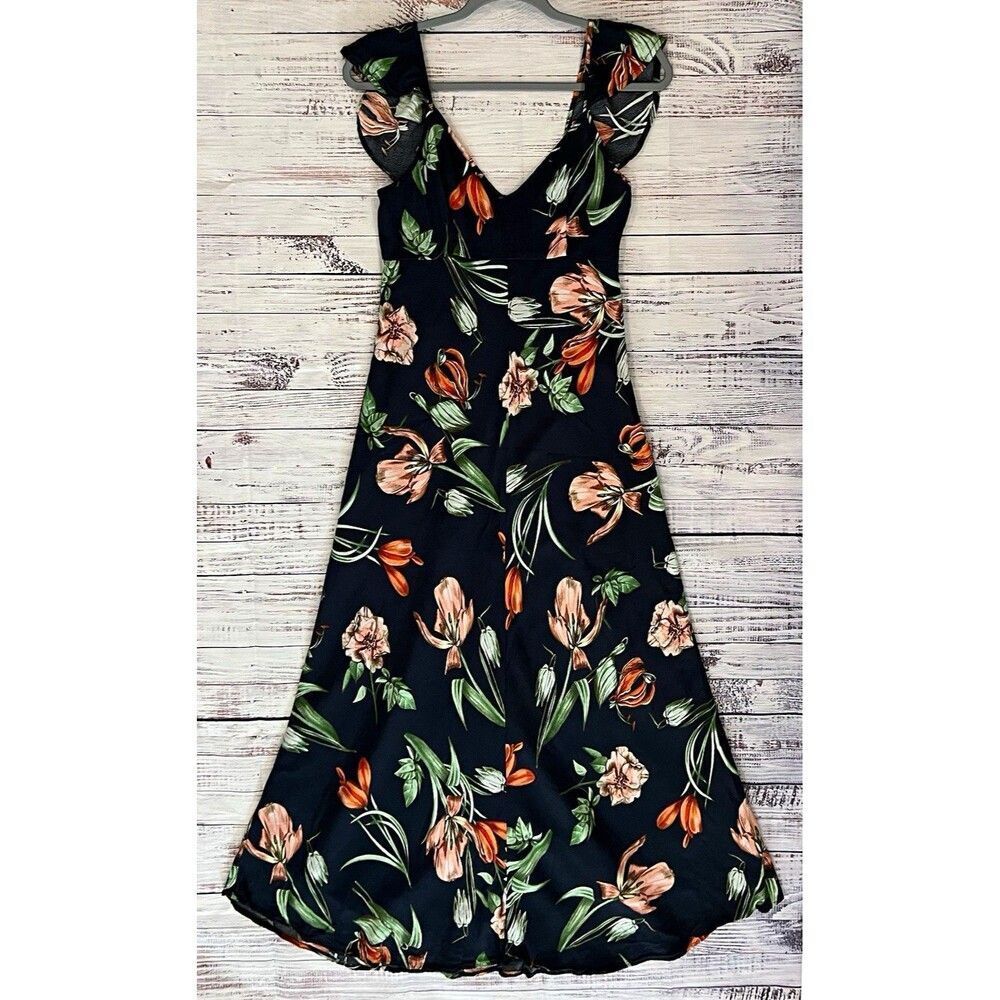 ASTR The Label Florentina Floral Flutter Sleeve V Neck Midi Dress Black S